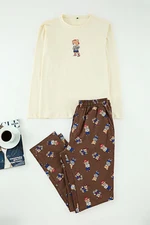 Trendyol Stone - Brown Regular Fit Teddy Bear Printed Knitted Pajama Set