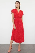 Trendyol Red Floral Zero Sleeve Double Breasted Skater/Waist Opening Gathered Flexible Midi Knit Dress