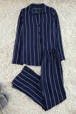 Trendyol Navy Blue Striped Slit Detailed Viscose Shirt-Pants Woven Pajama Set