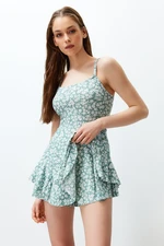 Trendyol Mint Floral Printed Mini Jumpsuit with Strappy Flounce Shorts