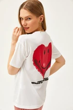 Olalook Women's Ecru Front Back Heart Printed T-Shirt