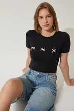 Happiness İstanbul Women's Black Bow Detailed Crop T-Shirt