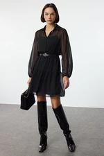 Trendyol Black Belted Skirt Opening at Waist Lined Chiffon Woven Winter Dress