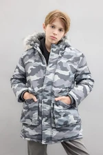 DEFACTO Boys Detachable Faux Fur Collar Hooded Plush Lined Parka