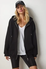 Happiness İstanbul Women's Black Hooded Zippered Oversize Sweatshirt