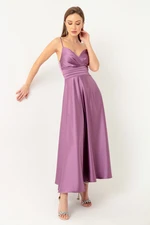 Lafaba Women's Lavender Rope Strap Waist Belted Satin Midi Evening Dress & Graduation Dress