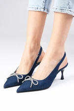 Mio Gusto Alexis Navy Blue Color Denim Fabric Open Back Stone Bow Women Heeled Shoes