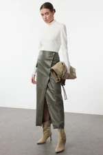 Trendyol Khaki Faux Leather Midi Woven Skirt