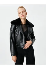 Koton Biker Jacket Faux Leather Zippered Faux Für Detailed