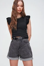 Trend Alaçatı Stili Women's Anthracite Double Leg High Waist Denim Shorts