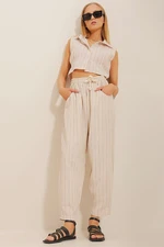 Trend Alaçatı Stili Women's Beige Elastic Waist Striped Comfortable Cut Linen Pants