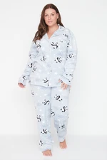 Trendyol Curve Blue Shirt Collar Panda Patterned Knitted Pajama Set