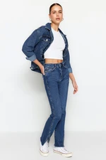 Trendyol Navy Blue Slit High Waist Slim Flare Jeans