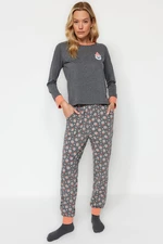 Trendyol Gray Teddy Bear Patterned Cotton Pocket Detailed Tshirt-Jogger Knitted Pajamas Set