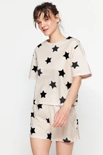Trendyol svetloružová 100% bavlnená súprava pyžama s hviezdičkovým vzorom - tričko a šortky