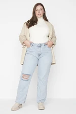 Trendyol Curve Light Blue High Waist Destroyed Bootcut Jeans