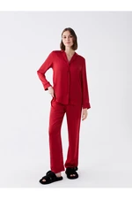 LC Waikiki Women's Pajamas Set with a Shirt Collar Plain Long Sleeved Satin