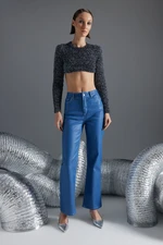 Trendyol Blue Shiny Metallic Printed High Waist Flare Jeans