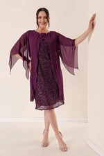 By Saygı Chiffon Cape Lined Puffy Plus Size Dress Damson