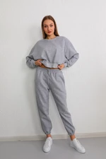 BİKELİFE Women's Gray Three Thread Raised Oversize Crop Tracksuit