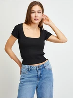 Black Women Ribbed Cropped T-Shirt Guess - Women