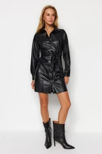 Trendyol Black Rack Faux Leather Strap Mini Knitted Dress with Buttons and Shirt Collar