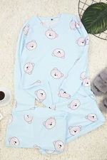 Trendyol Curve Light Blue Teddy Bear Patterned Knitted Pajama Set