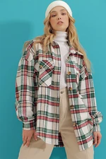 Trend Alaçatı Stili Women's Emerald Green Checkered Stamped Cotton Oversized Safari Jacket Shirt