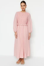 Trendyol Light Pink Brode and Ruffle Detail Cotton Woven Dress