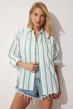 Happiness İstanbul Women's Green White Striped Oversize Long Cotton Shirt