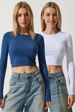 Happiness İstanbul Women's White Indigo Blue Crew Neck Basic 2-Pack Crop Knitted Blouse