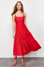 Trendyol Red Skirt Opened at Waist Cotton Blend Maxi Woven Dress