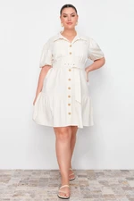 Trendyol Curve Beige Linen Look Belted Buttoned Shirt Dress