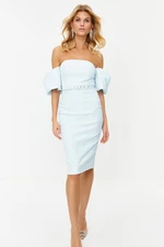 Trendyol Light Blue Belted Lined Textured Self-Patterned Woven Elegant Evening Dress