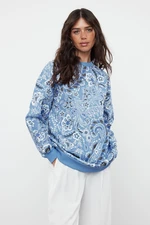 Trendyol Blue Paisley Patterned Diver/Scuba Knitted Oversize Sweatshirt