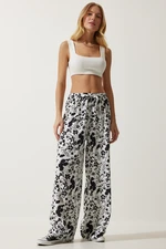 Happiness İstanbul Women's White Patterned Flowy Viscose Palazzo Trousers