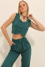Trend Alaçatı Stili Women's Walnut Green Heart Collar Buttoned Crop Vest