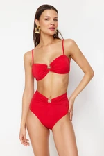 Trendyol Red Premium Accessory High Waist Hipster Bikini Bottom