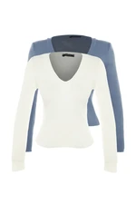 Trendyol Indigo-Ecru Basic 2-Pack Knitwear Sweater