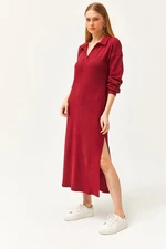 Olalook Women's Burgundy Polo Neck Slit Raised Midi Dress