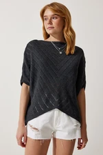 Happiness İstanbul Women's Anthracite Openwork Bat Knitwear Blouse