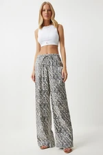 Happiness İstanbul Women's Gray Cream Leopard Patterned Palazzo Trousers