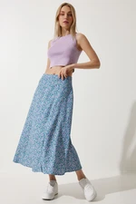 Happiness İstanbul Women's Pink Blue Floral Slit Summer Viscose Skirt