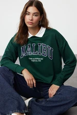 Trendyol Dark Green Polo Neck Embroidered Detailed Knitted Sweatshirt