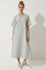 Happiness İstanbul Women's Gray Crew Neck Loose Comfortable Combed Cotton Dress