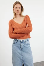 Trendyol Orange Crop Basic V-Neck Knitwear Sweater