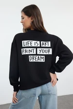 Trendyol Black Slogan Oversize / Wide Fit Thick Fleece Inside Knitted Sweatshirt