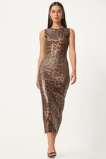 Happiness İstanbul Women's Black Beige Leopard Patterned Tight Dress