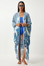 Happiness İstanbul Women's Blue Ecru Patterned Asymmetrical Viscose Kimono