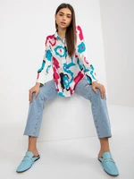 Shirt with blue and fuchsia print on buttons